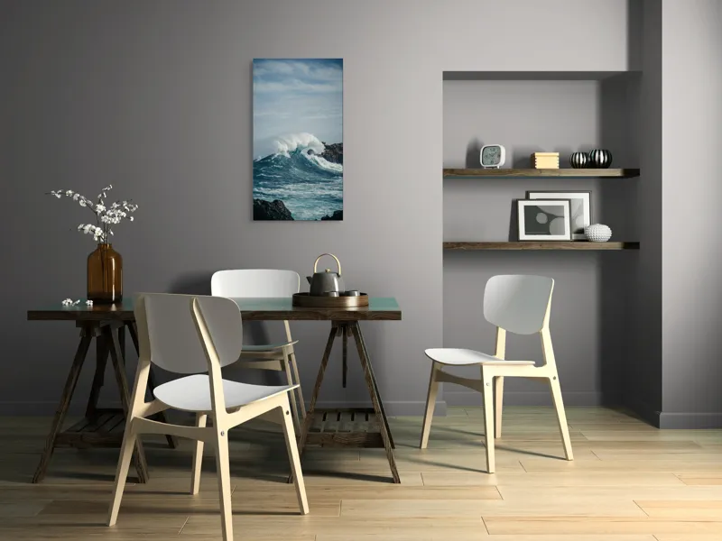 Tablou Canvas, "Valuri izbind stâncile înspumate", Vâlvătaie, Spumă, Stânci, Cer, Valuri, Ocean, Turcoaz, Putere, Natură, Furtună, 50 x 90 cm – poza 4