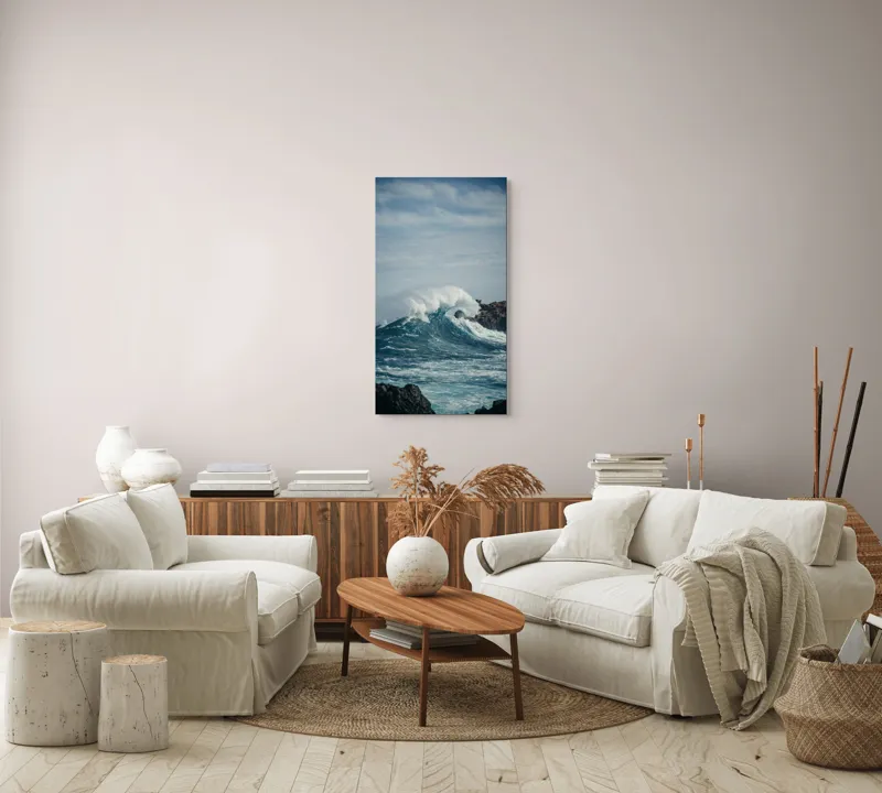 Tablou Canvas, "Valuri izbind stâncile înspumate", Vâlvătaie, Spumă, Stânci, Cer, Valuri, Ocean, Turcoaz, Putere, Natură, Furtună, 50 x 90 cm – poza 7