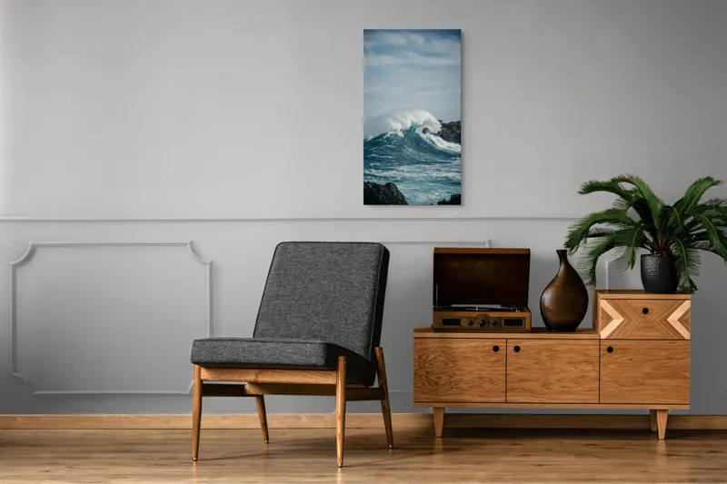 Tablou Canvas, "Valuri izbind stâncile înspumate", Vâlvătaie, Spumă, Stânci, Cer, Valuri, Ocean, Turcoaz, Putere, Natură, Furtună, 50 x 90 cm – poza 8