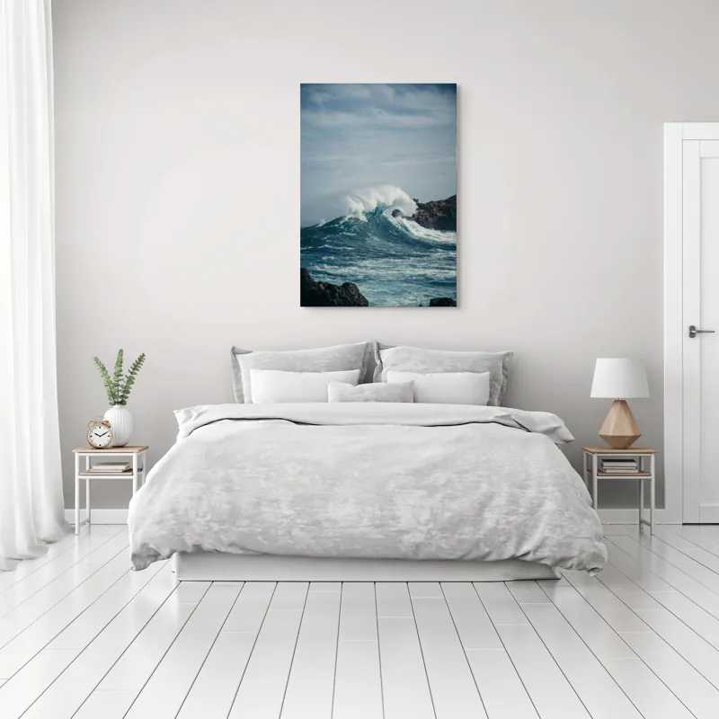 Tablou Canvas, "Valuri izbind stâncile înspumate", Vâlvătaie, Spumă, Stânci, Cer, Valuri, Ocean, Turcoaz, Putere, Natură, Furtună, 70 x 100 cm – poza 3