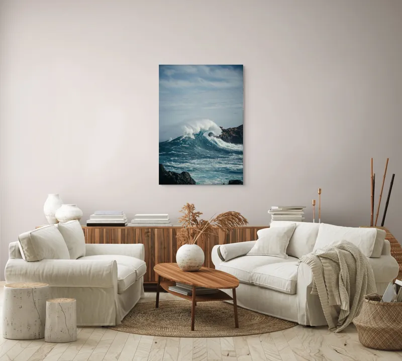 Tablou Canvas, "Valuri izbind stâncile înspumate", Vâlvătaie, Spumă, Stânci, Cer, Valuri, Ocean, Turcoaz, Putere, Natură, Furtună, 70 x 100 cm – poza 4