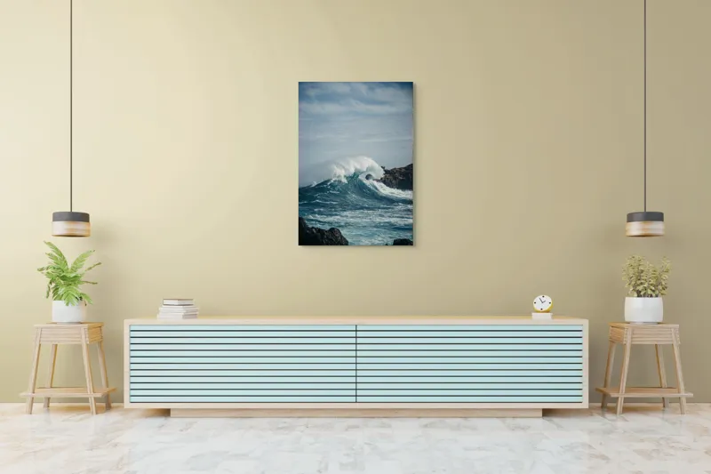 Tablou Canvas, "Valuri izbind stâncile înspumate", Vâlvătaie, Spumă, Stânci, Cer, Valuri, Ocean, Turcoaz, Putere, Natură, Furtună, 70 x 100 cm – poza 5