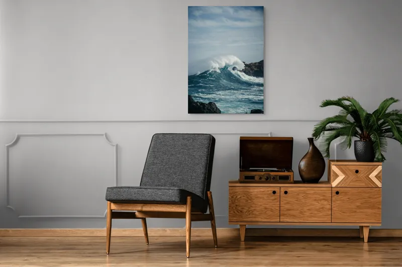 Tablou Canvas, "Valuri izbind stâncile înspumate", Vâlvătaie, Spumă, Stânci, Cer, Valuri, Ocean, Turcoaz, Putere, Natură, Furtună, 70 x 100 cm – poza 6