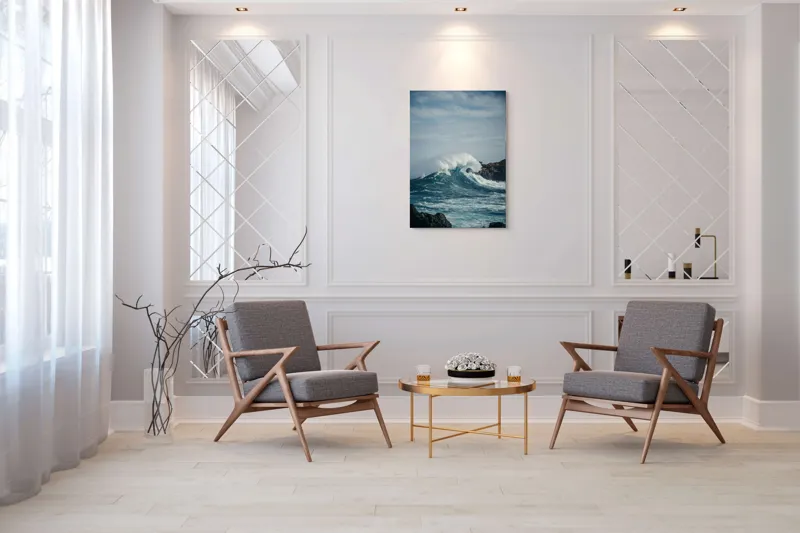 Tablou Canvas, "Valuri izbind stâncile înspumate", Vâlvătaie, Spumă, Stânci, Cer, Valuri, Ocean, Turcoaz, Putere, Natură, Furtună, 70 x 100 cm – poza 8