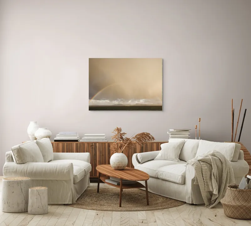 Tablou Canvas, "Curcubeu pe cer înnorat peste mare", Curcubeu, Cer, Mare, Peisaj, Nori, Lumină, Horizont, Strălucire, 100 x 70 cm – poza 3