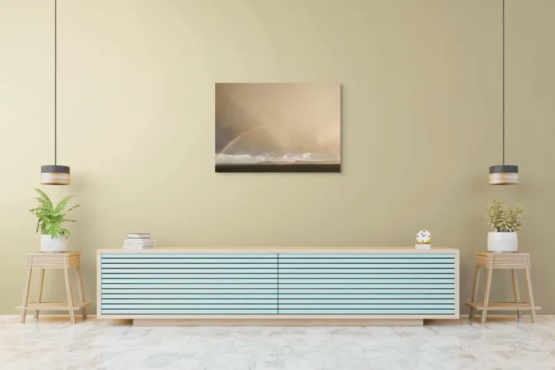 Tablou Canvas, "Curcubeu pe cer înnorat peste mare", Curcubeu, Cer, Mare, Peisaj, Nori, Lumină, Horizont, Strălucire, 100 x 70 cm – poza 4