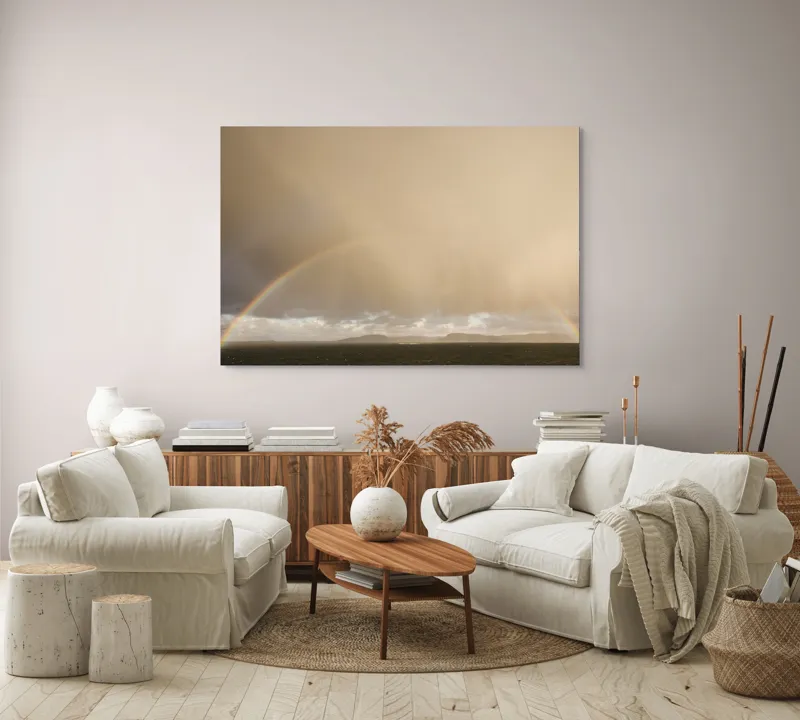 Tablou Canvas, "Curcubeu pe cer înnorat peste mare", Curcubeu, Cer, Mare, Peisaj, Nori, Lumină, Horizont, Strălucire, 150 x 100 cm – poza 3