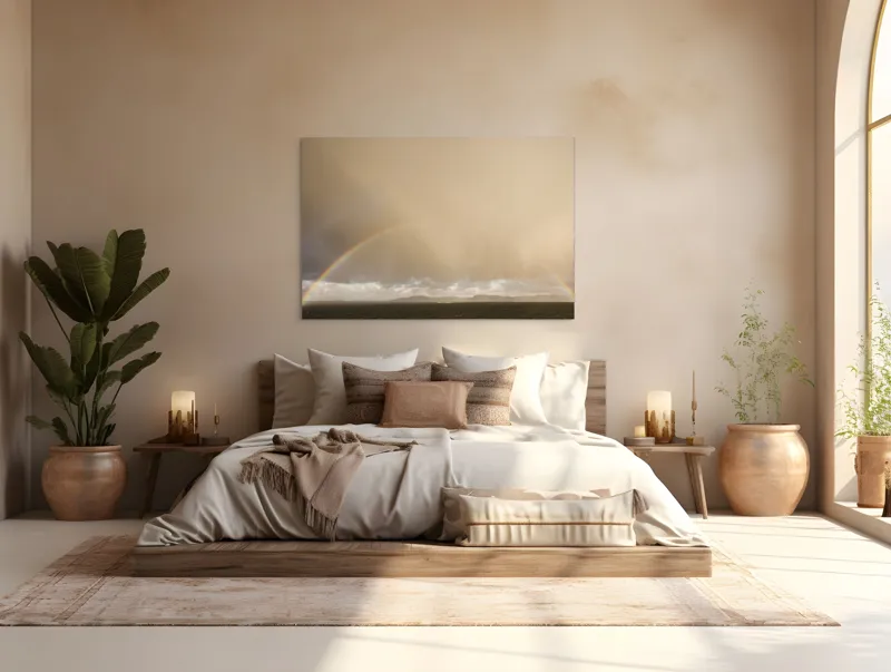 Tablou Canvas, "Curcubeu pe cer înnorat peste mare", Curcubeu, Cer, Mare, Peisaj, Nori, Lumină, Horizont, Strălucire, 150 x 100 cm – poza 4