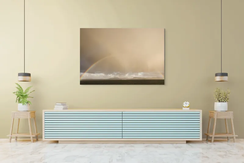 Tablou Canvas, "Curcubeu pe cer înnorat peste mare", Curcubeu, Cer, Mare, Peisaj, Nori, Lumină, Horizont, Strălucire, 150 x 100 cm – poza 6