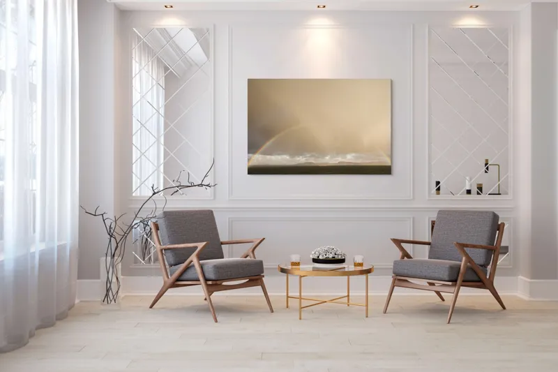 Tablou Canvas, "Curcubeu pe cer înnorat peste mare", Curcubeu, Cer, Mare, Peisaj, Nori, Lumină, Horizont, Strălucire, 150 x 100 cm – poza 7