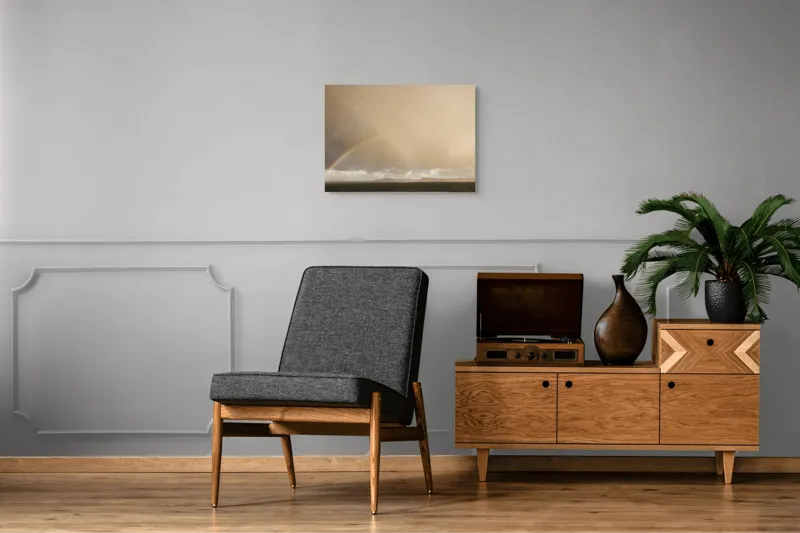 Tablou Canvas, "Curcubeu pe cer înnorat peste mare", Curcubeu, Cer, Mare, Peisaj, Nori, Lumină, Horizont, Strălucire, 70 x 50 cm – poza 4