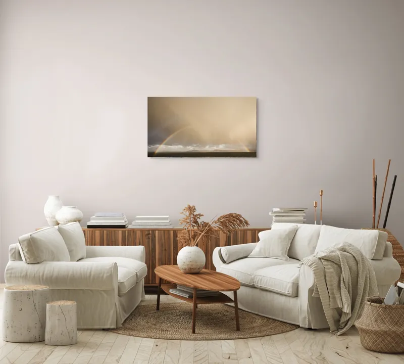 Tablou Canvas, "Curcubeu pe cer înnorat peste mare", Curcubeu, Cer, Mare, Peisaj, Nori, Lumină, Horizont, Strălucire, 90 x 50 cm – poza 4