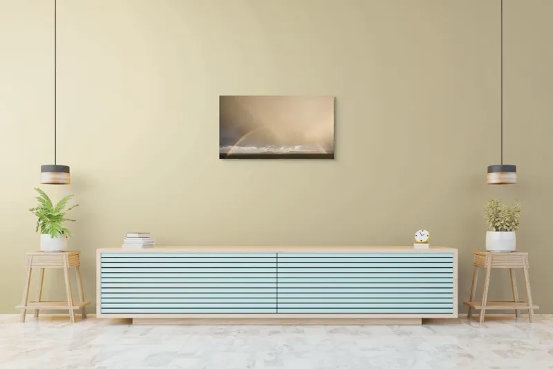 Tablou Canvas, "Curcubeu pe cer înnorat peste mare", Curcubeu, Cer, Mare, Peisaj, Nori, Lumină, Horizont, Strălucire, 90 x 50 cm – poza 5