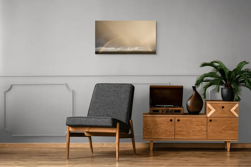 Tablou Canvas, "Curcubeu pe cer înnorat peste mare", Curcubeu, Cer, Mare, Peisaj, Nori, Lumină, Horizont, Strălucire, 90 x 50 cm – poza 6