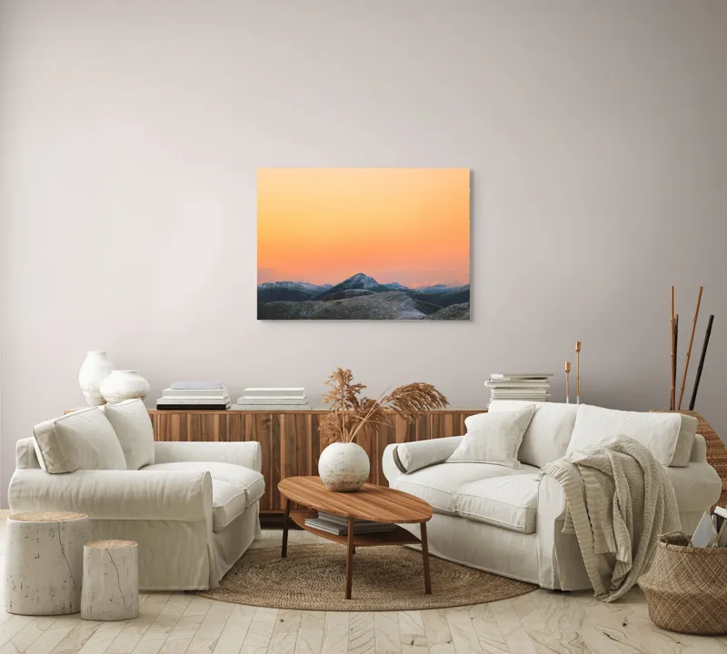 Tablou Canvas, "Apus peste munți înzăpeziți", Apus, Munți, Cer, Portocaliu, Natură, Peisaj, Liniște, 100 x 70 cm – poza 3