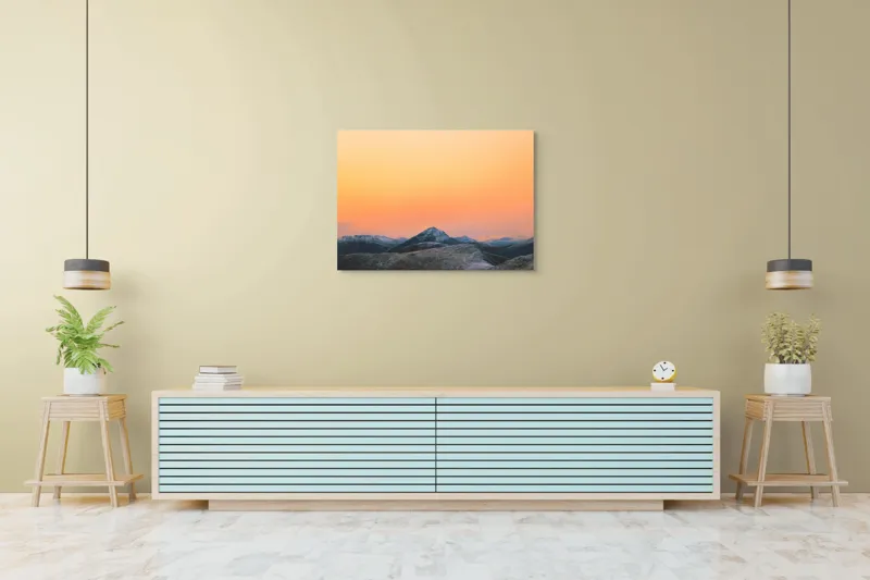 Tablou Canvas, "Apus peste munți înzăpeziți", Apus, Munți, Cer, Portocaliu, Natură, Peisaj, Liniște, 100 x 70 cm – poza 4