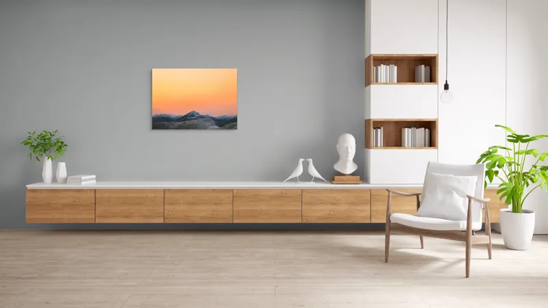 Tablou Canvas, "Apus peste munți înzăpeziți", Apus, Munți, Cer, Portocaliu, Natură, Peisaj, Liniște, 100 x 70 cm – poza 6