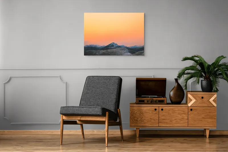 Tablou Canvas, "Apus peste munți înzăpeziți", Apus, Munți, Cer, Portocaliu, Natură, Peisaj, Liniște, 100 x 70 cm – poza 8