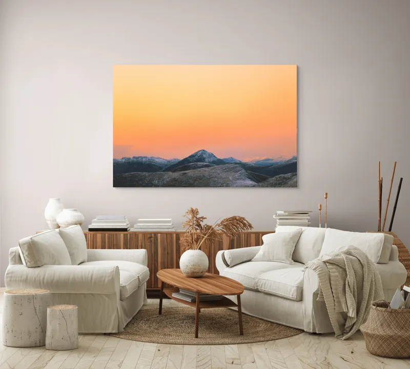Tablou Canvas, "Apus peste munți înzăpeziți", Apus, Munți, Cer, Portocaliu, Natură, Peisaj, Liniște, 150 x 100 cm – poza 3