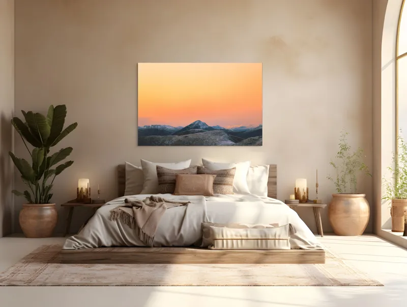 Tablou Canvas, "Apus peste munți înzăpeziți", Apus, Munți, Cer, Portocaliu, Natură, Peisaj, Liniște, 150 x 100 cm – poza 4