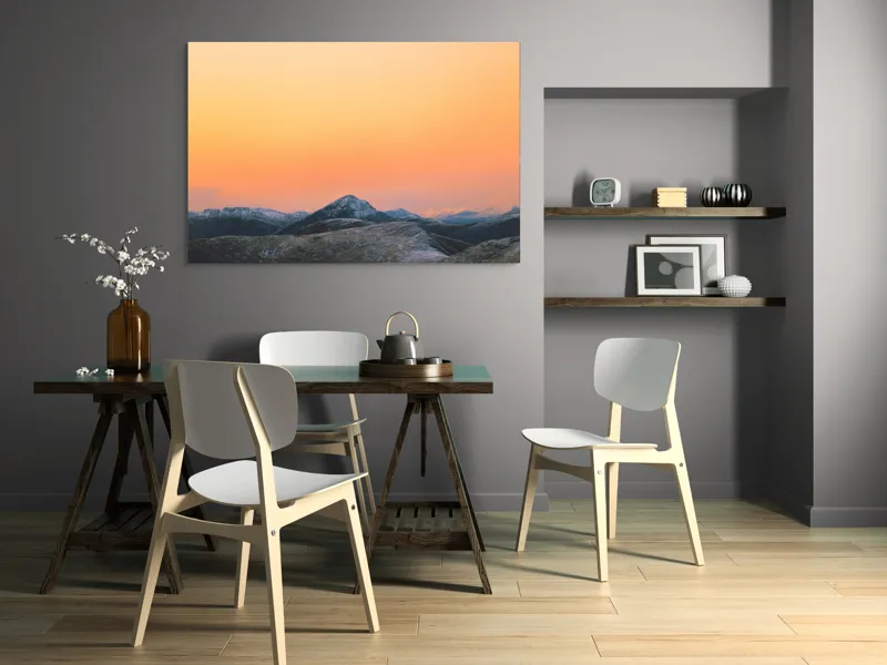 Tablou Canvas, "Apus peste munți înzăpeziți", Apus, Munți, Cer, Portocaliu, Natură, Peisaj, Liniște, 150 x 100 cm – poza 5