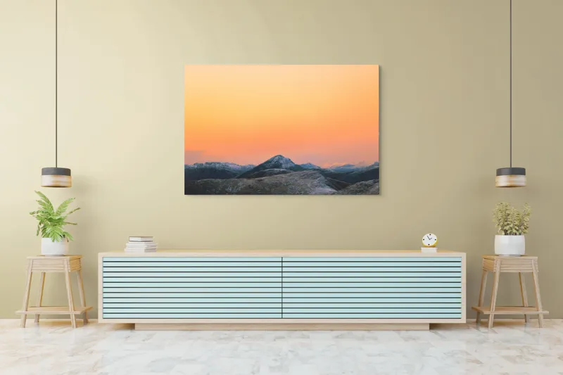 Tablou Canvas, "Apus peste munți înzăpeziți", Apus, Munți, Cer, Portocaliu, Natură, Peisaj, Liniște, 150 x 100 cm – poza 6