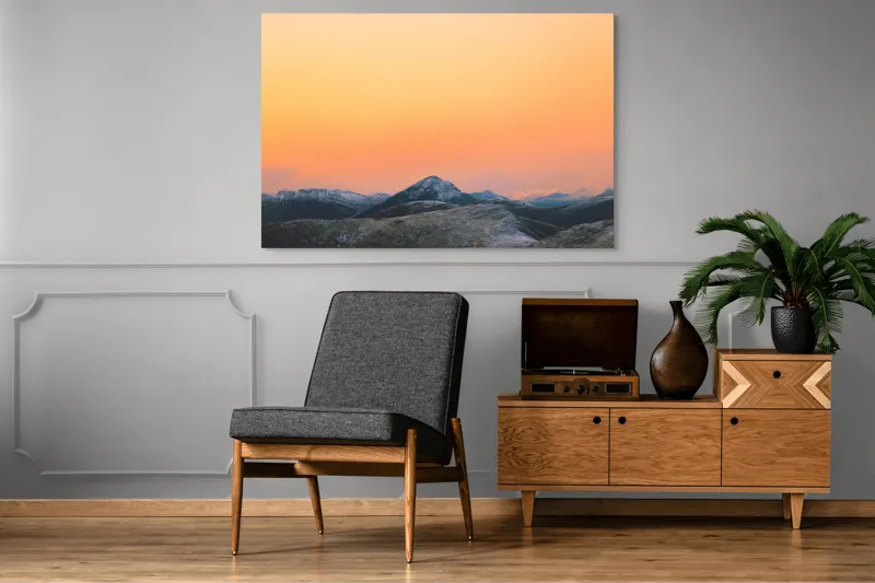 Tablou Canvas, "Apus peste munți înzăpeziți", Apus, Munți, Cer, Portocaliu, Natură, Peisaj, Liniște, 150 x 100 cm – poza 8