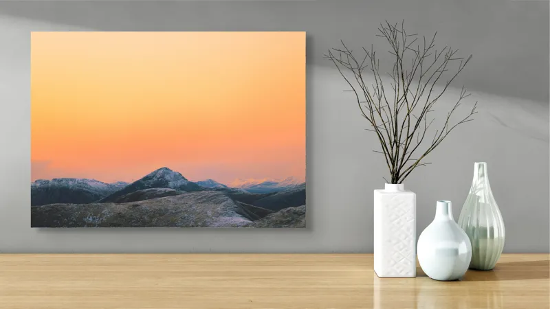 Tablou Canvas, "Apus peste munți înzăpeziți", Apus, Munți, Cer, Portocaliu, Natură, Peisaj, Liniște, 70 x 50 cm – poza 3