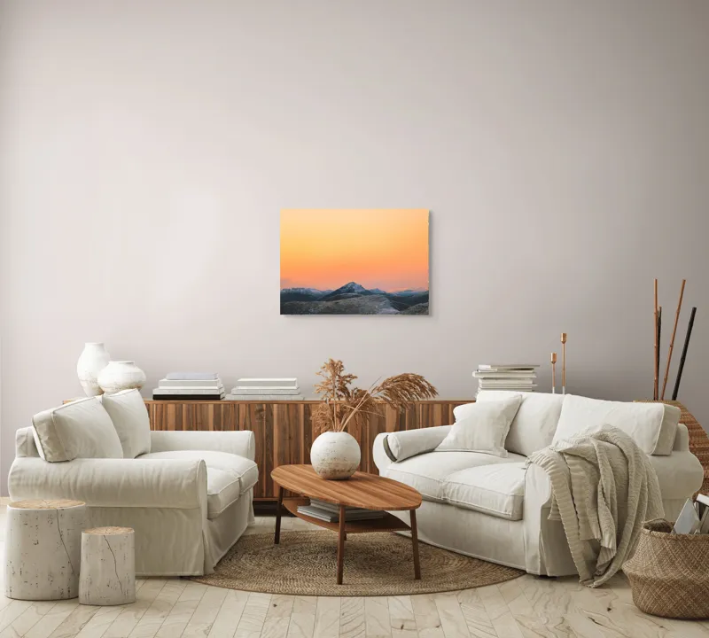 Tablou Canvas, "Apus peste munți înzăpeziți", Apus, Munți, Cer, Portocaliu, Natură, Peisaj, Liniște, 70 x 50 cm – poza 6