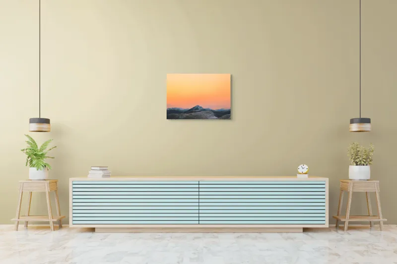 Tablou Canvas, "Apus peste munți înzăpeziți", Apus, Munți, Cer, Portocaliu, Natură, Peisaj, Liniște, 70 x 50 cm – poza 7