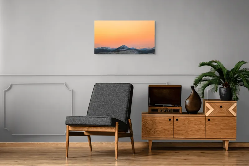 Tablou Canvas, "Apus peste munți înzăpeziți", Apus, Munți, Cer, Portocaliu, Natură, Peisaj, Liniște, 90 x 50 cm – poza 6