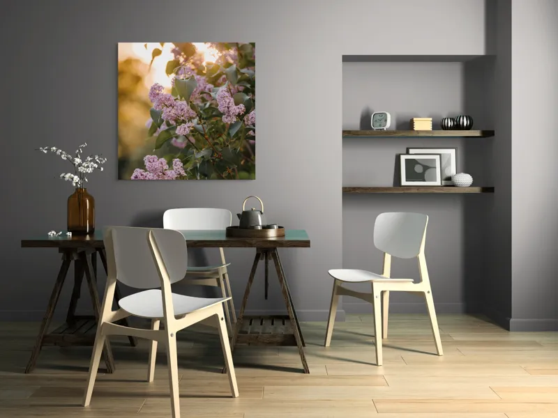 Tablou Canvas, "Flori de liliac în amurgul verii", Flori, Mov, Frunze, Soare, Lumina, Ramuri, Blândețe, Grădină, Natură, 100 x 100 cm – poza 6