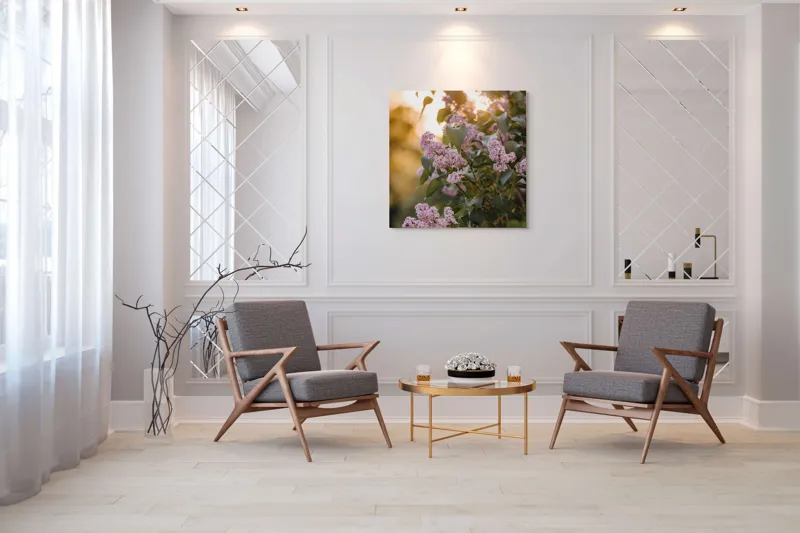 Tablou Canvas, "Flori de liliac în amurgul verii", Flori, Mov, Frunze, Soare, Lumina, Ramuri, Blândețe, Grădină, Natură, 100 x 100 cm – poza 7