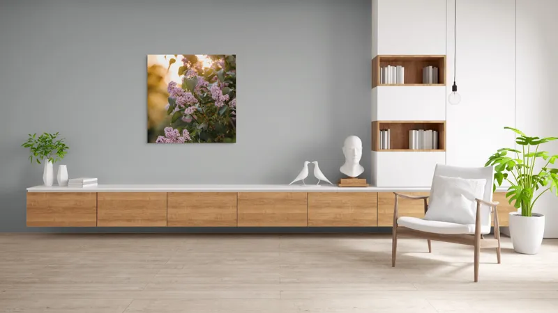 Tablou Canvas, "Flori de liliac în amurgul verii", Flori, Mov, Frunze, Soare, Lumina, Ramuri, Blândețe, Grădină, Natură, 100 x 100 cm – poza 8