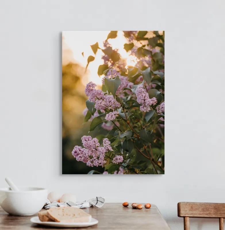 Tablou Canvas, "Flori de liliac în amurgul verii", Flori, Mov, Frunze, Soare, Lumina, Ramuri, Blândețe, Grădină, Natură, 50 x 70 cm – poza 3