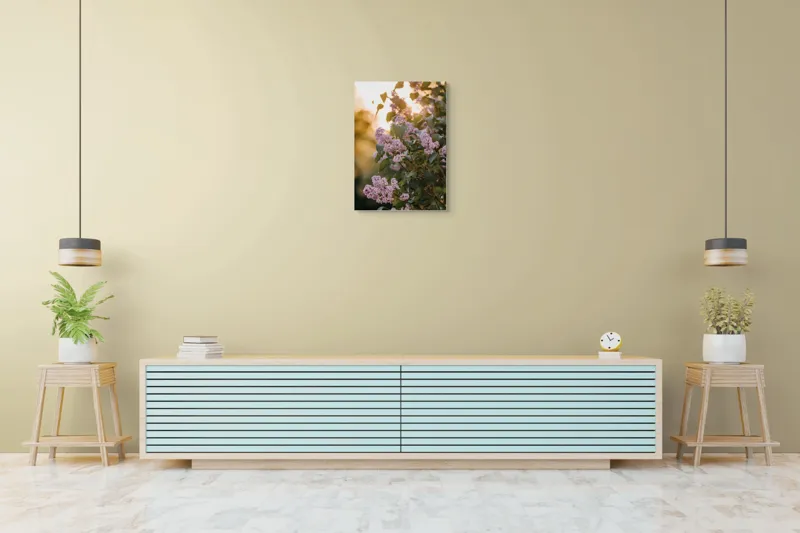 Tablou Canvas, "Flori de liliac în amurgul verii", Flori, Mov, Frunze, Soare, Lumina, Ramuri, Blândețe, Grădină, Natură, 50 x 70 cm – poza 6