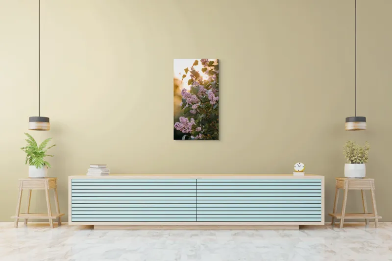 Tablou Canvas, "Flori de liliac în amurgul verii", Flori, Mov, Frunze, Soare, Lumina, Ramuri, Blândețe, Grădină, Natură, 50 x 90 cm – poza 6