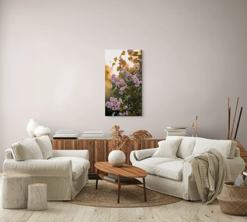 Tablou Canvas, "Flori de liliac în amurgul verii", Flori, Mov, Frunze, Soare, Lumina, Ramuri, Blândețe, Grădină, Natură, 50 x 90 cm – poza 7