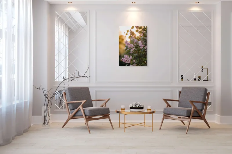 Tablou Canvas, "Flori de liliac în amurgul verii", Flori, Mov, Frunze, Soare, Lumina, Ramuri, Blândețe, Grădină, Natură, 70 x 100 cm – poza 8