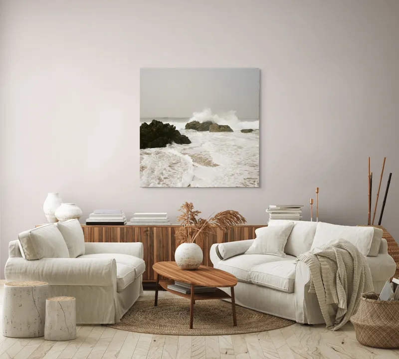 Tablou Canvas, "Valurile lovesc stâncile solitare ale mării", Valuri, Stânci, Spumă, Mare, Cale, Cer, Apă, Natură, Nisip, Energie, 100 x 100 cm – poza 3