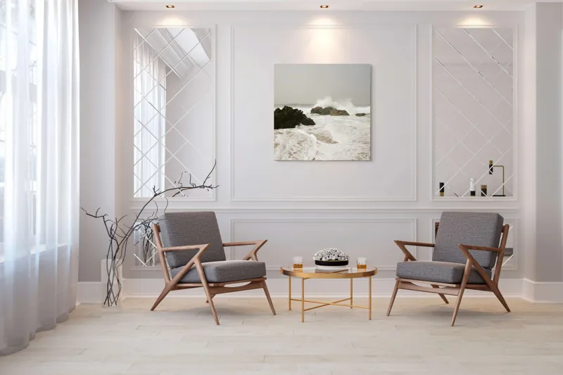 Tablou Canvas, "Valurile lovesc stâncile solitare ale mării", Valuri, Stânci, Spumă, Mare, Cale, Cer, Apă, Natură, Nisip, Energie, 100 x 100 cm – poza 7