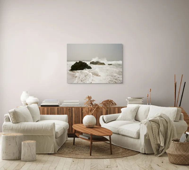 Tablou Canvas, "Valurile lovesc stâncile solitare ale mării", Valuri, Stânci, Spumă, Mare, Cale, Cer, Apă, Natură, Nisip, Energie, 100 x 70 cm – poza 3