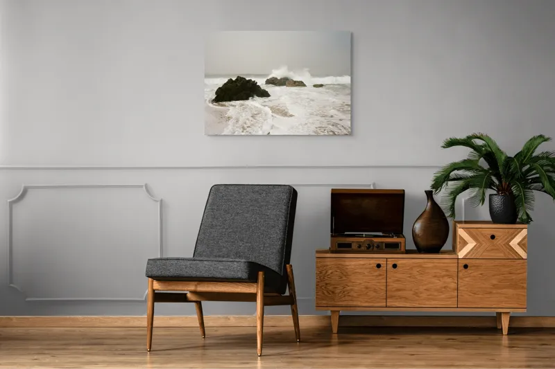 Tablou Canvas, "Valurile lovesc stâncile solitare ale mării", Valuri, Stânci, Spumă, Mare, Cale, Cer, Apă, Natură, Nisip, Energie, 100 x 70 cm – poza 8