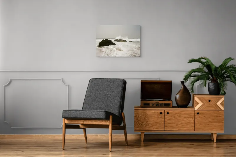 Tablou Canvas, "Valurile lovesc stâncile solitare ale mării", Valuri, Stânci, Spumă, Mare, Cale, Cer, Apă, Natură, Nisip, Energie, 70 x 50 cm – poza 4