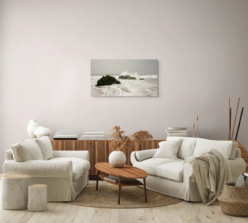 Tablou Canvas, "Valurile lovesc stâncile solitare ale mării", Valuri, Stânci, Spumă, Mare, Cale, Cer, Apă, Natură, Nisip, Energie, 90 x 50 cm – poza 4