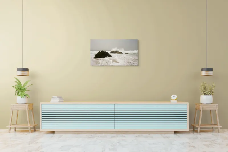Tablou Canvas, "Valurile lovesc stâncile solitare ale mării", Valuri, Stânci, Spumă, Mare, Cale, Cer, Apă, Natură, Nisip, Energie, 90 x 50 cm – poza 5