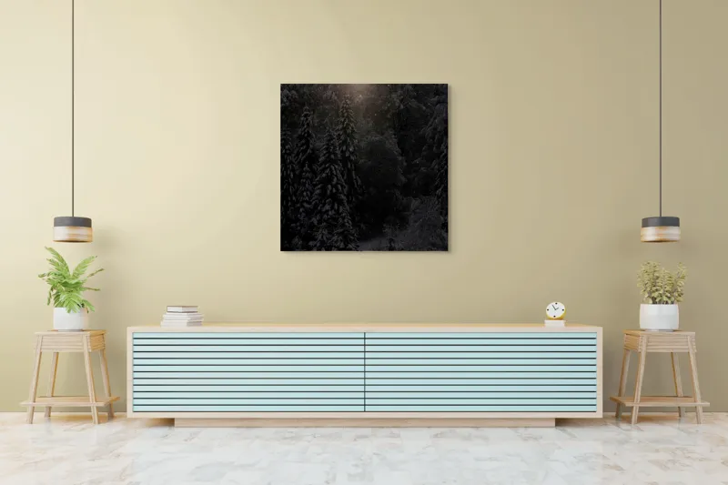 Tablou Canvas, "Rază de lumină în pădurea întunecată", Întuneric, Lumină, Zăpadă, Copaci, Pădure, Iarnă, Tăcere, Mister, Farmec, Răcoare, 100 x 100 cm – poza 5