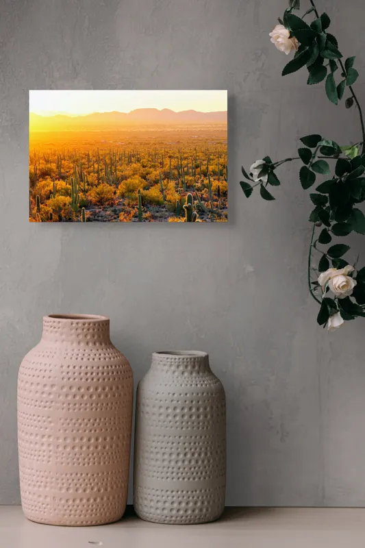 Tablou Canvas Peisaj Deșert Saguaro Apus Aurii Soare Lumină, 39 x 26 cm – poza 4