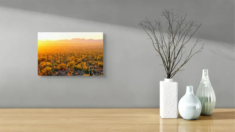 Tablou Canvas Peisaj Deșert Saguaro Apus Aurii Soare Lumină, 39 x 26 cm – poza 8