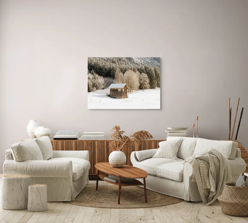 Tablou Canvas Căsuță din pădure înzăpezită pe tema Iernii, 100 x 70 cm – poza 3